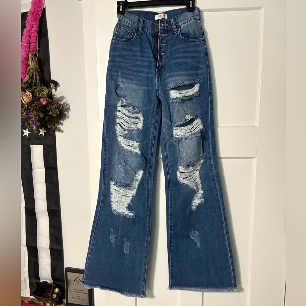 Vibrant Blue Flare Wide Leg Jeans with Distressed Details